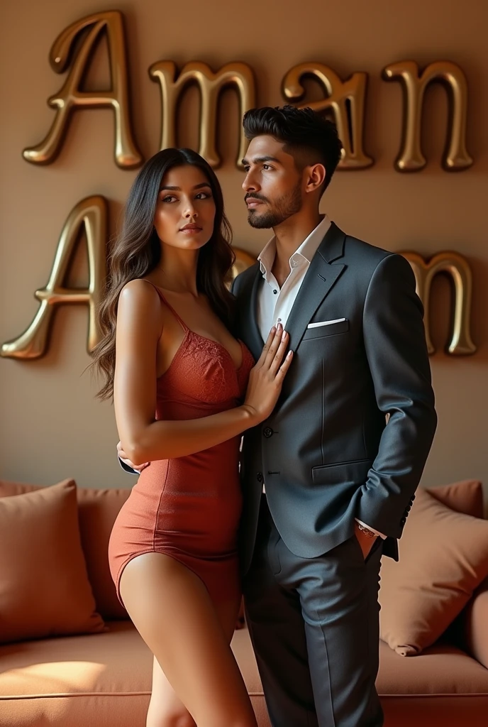 A couple standing together in a room, with the Woman wearing a hot, Bra Panty stylish dress and the Man dressed to complement her, making them look like a matching couple. In the background, the names 'Aman' and 'Anam' are clearly and fully displayed in bold, elegant letters, seamlessly integrated into the room’s design, creating a cohesive and intimate 3D scene