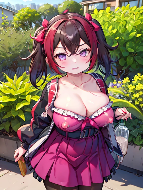 masterpiece, highest quality, nico_Yazawa,High resolution, 1 girl, alone, Brown Hair, short hair, Twin tails、Purple eyes, Cowboy Shot, Frill dress, , Pink Dress, (Cleavage)、(Beautiful thighs)、city, Outdoor, garden, carrying a red school bag, (randoseru backpack:1.0)、Chibi Cute:1.5
((((Breast milk))))((((Big Breasts))))(Paiman)、((Nipples))