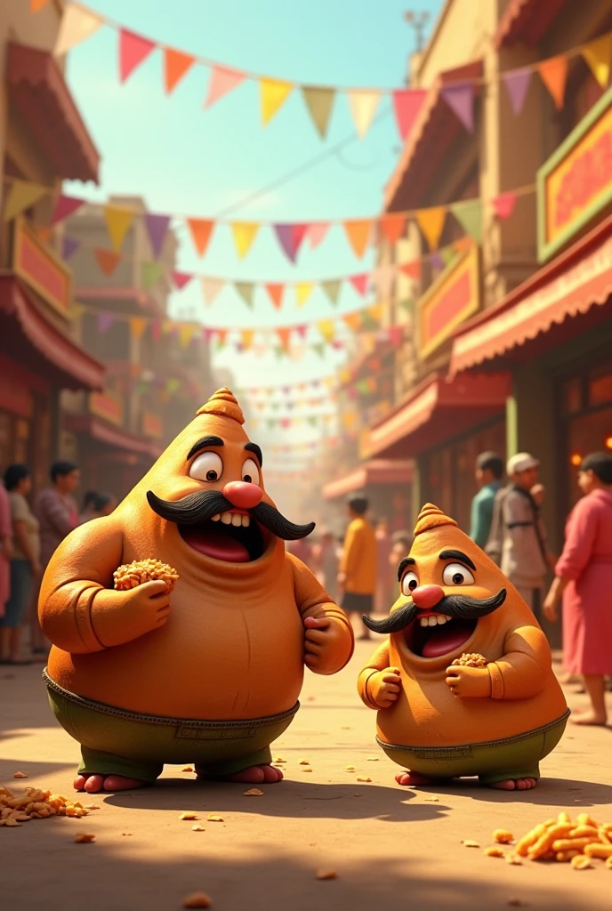 Motu and Patlu return to Furfuri Nagar, laughing and celebrating. Motu is joyfully eating the never-ending samosa.