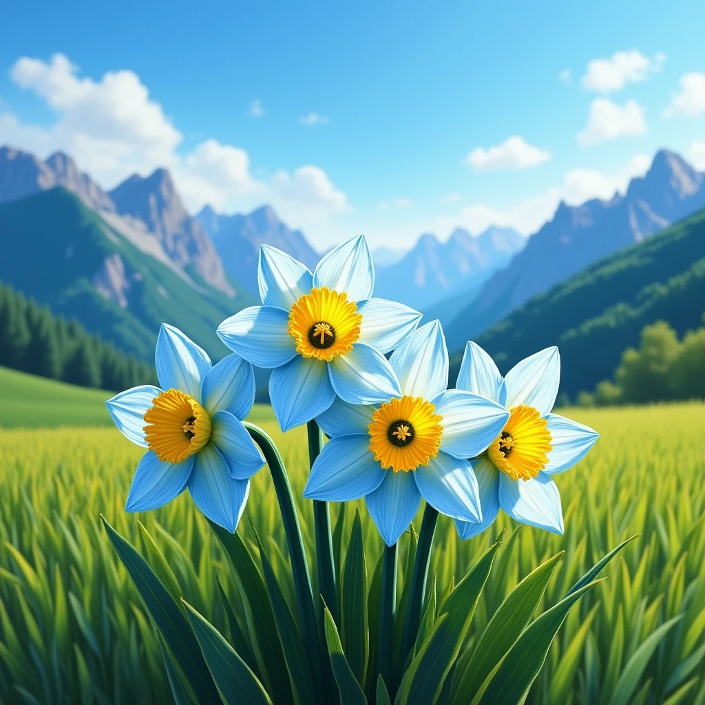 closeup painting of a 3-4 four blue, white and yellow coloured daffodils surrounded by green grass and the background as huge mountains, illustration matte painting, inspired by Thomas Kinkade, symmetric matte painting, detailed scenery , style raw, 8 k ultra detailed, environment design illustration, scenery art detailed, Seaside view, concept-art, 4k highly detailed digital art, 4 k digital painting, 4k digital painting, stunning digital illustration, Desert background, digital painting concept art, Detailed digital painting