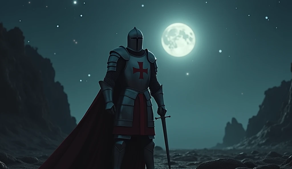 A highly realistic, high-contrast, 8K HD, detailed, hyper-detailed image of a Crusader knight fighting on the battlefield at night. The knight, clad in steel armor with a red cross emblem painted on his chest plate, is engaged in intense combat, wielding his sword with unwavering determination. The battlefield is illuminated by the faint light of the moon and stars, casting deep shadows across the rugged terrain. The atmosphere is tense and dramatic, capturing the bravery and resolve of the Crusader as he fights under the cover of darkness. The image is of the highest quality, with ultra-high resolution, RAW photo quality, and Unreal Engine rendering, showcasing the knight's strength and courage as he battles through the night, with the red cross of the Crusaders prominently displayed on his armor.