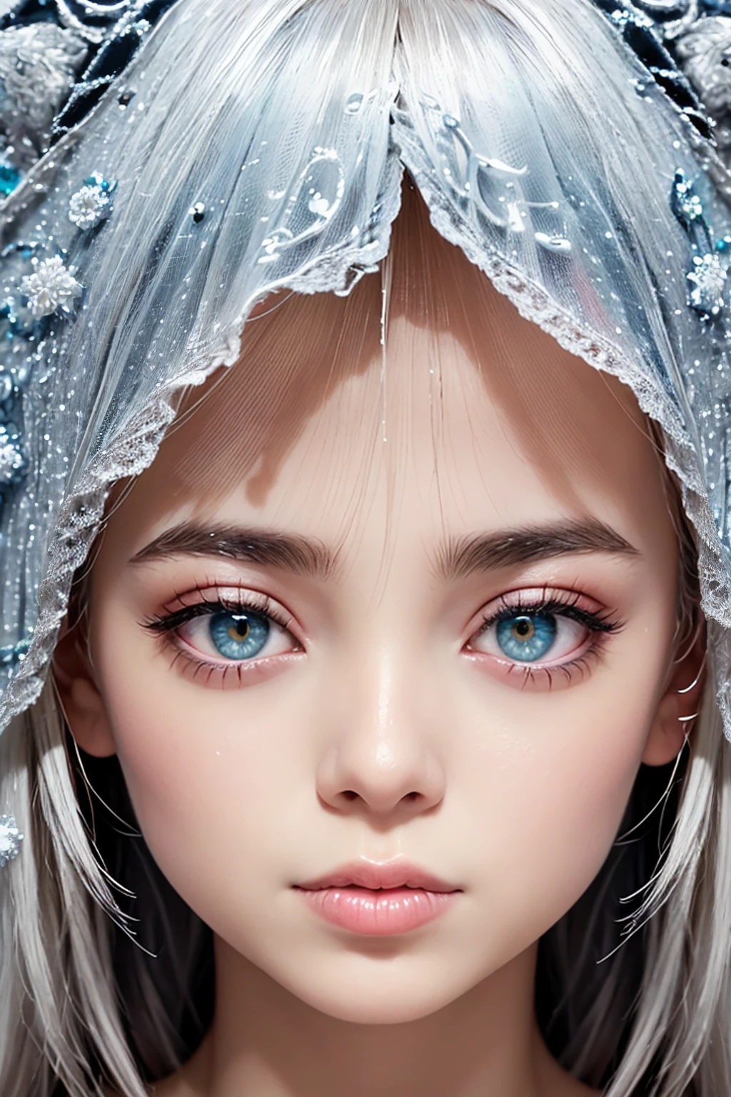 (colorful photo, many colors:1.2) from front, looking straight at viewer, (intricate detailed eyes looking straight ahead,:1.3) symmetrical face and eyes and nose and mouth, symmetrical snow scene pattern background, ultimate parallel body to vertical, ultimate parallel face to vertical, ultimate parallel eyes to vertical, smooth and gentle gradient of skin,soft brightness, soft saturation,