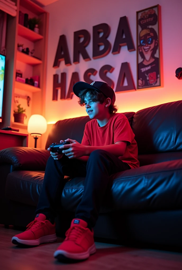 (photorealism:1.2), stylish boy, sitting on sofa in gaming room, wearing red shirt , black pants,red sneakers, black cap,indoors, soft lighting, playing pubg on ps4,cozy room, gaming pose, realistic, intricate details, warm colors, write Arbab Hassan with capital fonts on the wall.