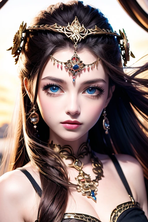 A close-up portrait of a girl with a regal steampunk aesthetic. She has dark hair styled in elegant curls, with a pair of goggles resting on her head adorned with brass gears and intricate designs. Her hands are raised, forming a heart shape, and are adorned with lace gloves, brass rings, and a bracelet made of intertwined gears. The nails are painted a deep bronze with metallic accents. The lighting is warm with a golden glow, highlighting the steampunk elements and creating a rich, vintage atmosphere