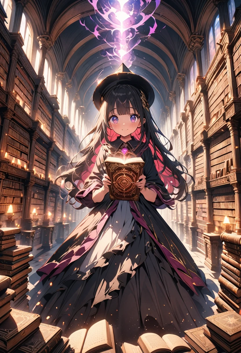 (Wizard girl, master of the magic library), adorable girl, cute face, (finely detailed beautiful eyes: 1.3), double eyelids, (eyelash: 1.2), shaggy long hair, elegant magic robe, hat, faint smile, dark aura,
A magical library with endless bookshelves, shelves filled with old scrolls and magical books,
Books floating in the air, tables lined with books, ancient magical tools, precious books, crystal ball,
Multiple clocks showing different times,
((best quality: 1.2, very detailed, ultra-high resolution, absurdres: 1.3, highres: 1.3, masterpiece: 1.2, top quality, best aesthetic, fine texture, perfect lighting: 1.2, best shadow, sharp focus: 1.3, high contrast, high color saturation)), (anatomically correct, perfect hands: 1.2), (professional photography:1.2), landscape view, cinematic lighting, anime style,