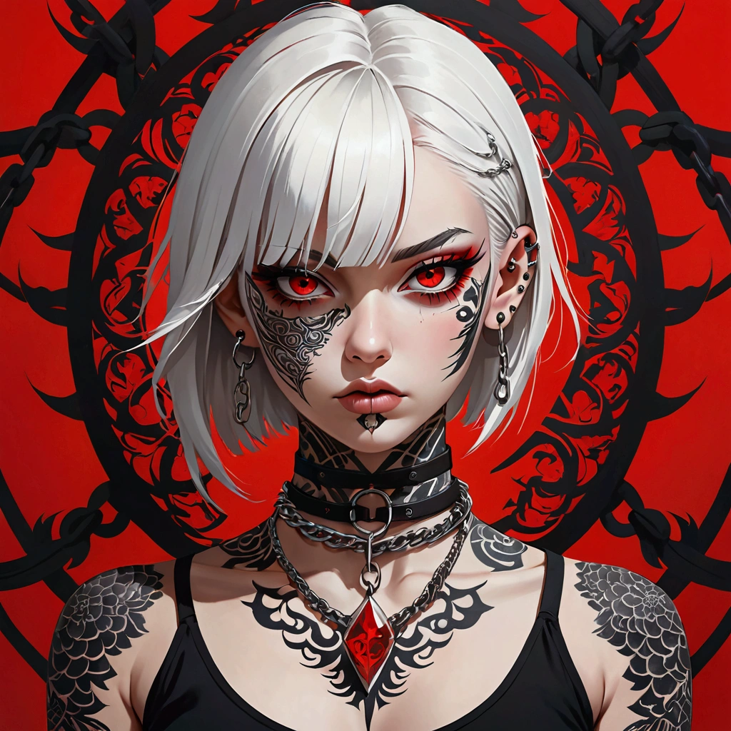 "A striking digital art piece featuring, emphasizing the intense and modern style of the image, 1Girl, Full body tattooed, Face getting covered by tattoo , piercing ear's,, Labret piercing, Chain on neck, Chocker, white hair, Hair bang, Head down looking at Viewers, Dark aura and vibe, Full confidence, badass, black T-shirt, Red eyes, Perfect Eyes, Red colour Background