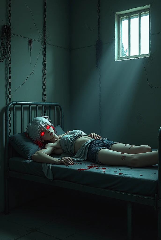 Make a white-haired teenager with red streaks, Scarlet eyes, lying in a bed of captivity, expression of hate and pain.
anime styling
