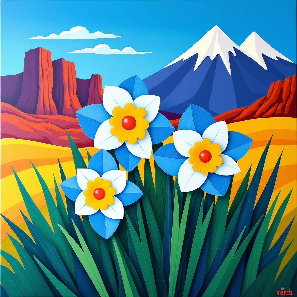 closeup painting of a 3-4 four blue, white and yellow coloured daffodils surrounded by green grass and the background as huge mountains, illustration matte painting, inspired by Matisse, symmetric matte painting, detailed scenery , style raw, 8 k ultra detailed, environment design illustration, scenery art detailed, Seaside view, concept-art, 4k highly detailed digital art, 4 k digital painting, 4k digital painting, stunning digital illustration, Desert background, digital painting concept art, Detailed digital painting