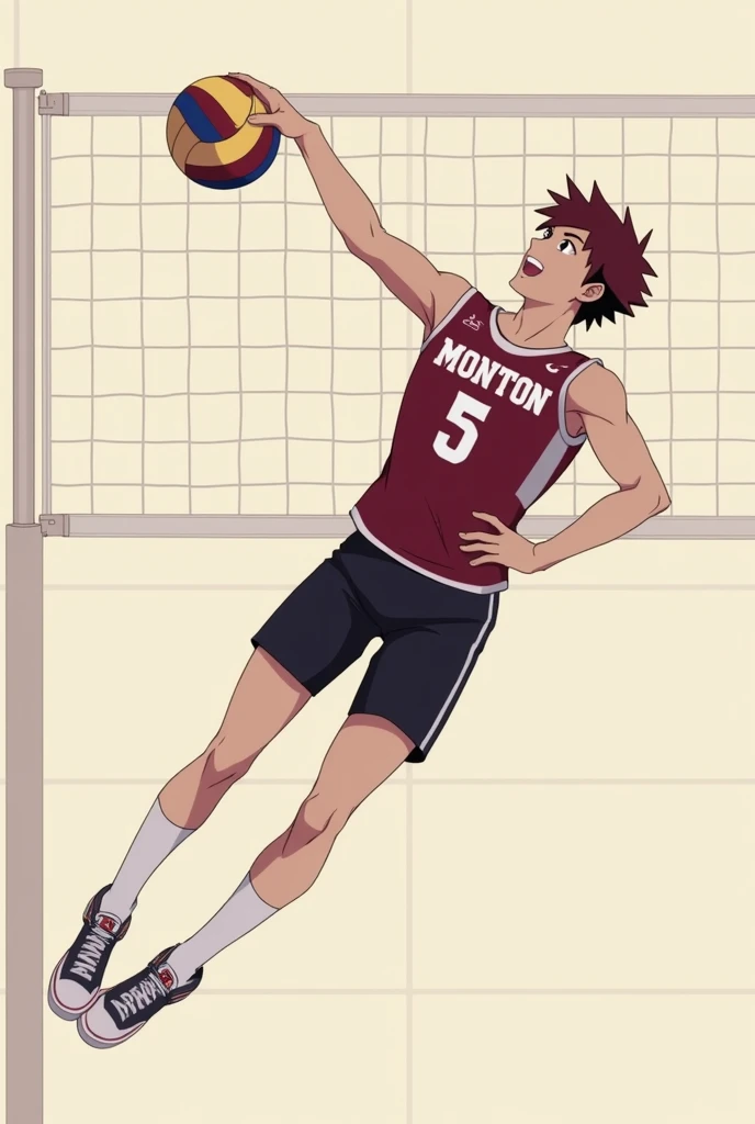 Minimalist volleyball theme wallpaper,men. Indoor. Men spiking with a last name "Monton" and a jersey number "5" . Anime men. Spiking a ball"solo", two block hair maroon jersey,black short, white sock's and shoe's. Preference: little giant from karasuno