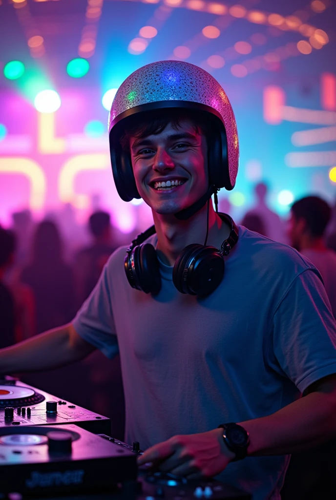 Ai image of male character of 18 age wearing a marshmello helmet , smiling , standing and posing in dj night
