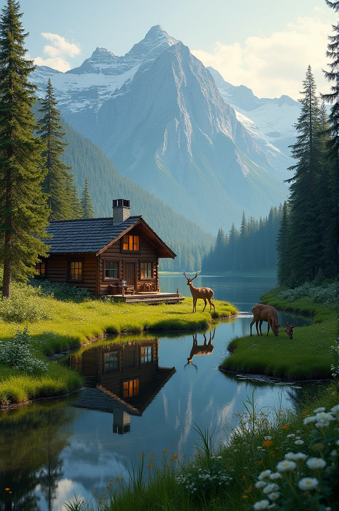 In a serene valley, a cozy wooden cabin overlooks a calm lake. The cabin's warm glow contrasts with the surrounding lush forest and majestic mountains. A few deer wander through the clearing, enhancing the idyllic atmosphere