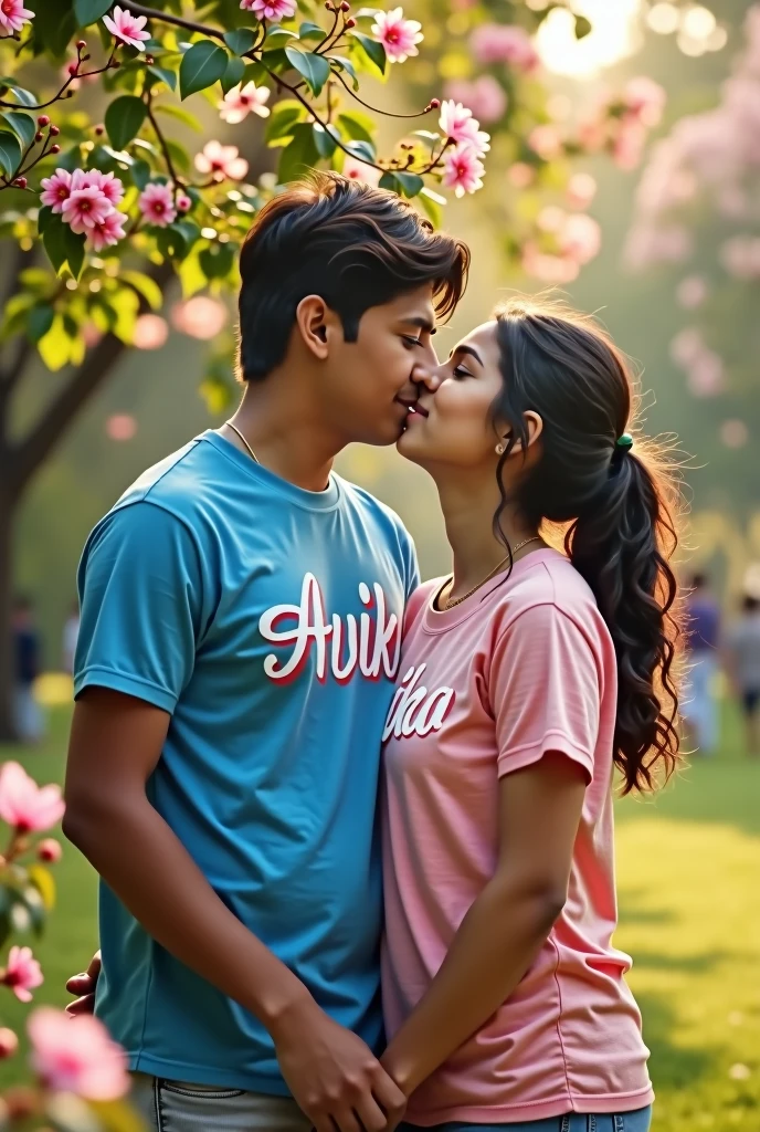 A 19 year old boy named harsh written on his tshirt kissing a beautiful girl 19 year old named avika written on his tshirt