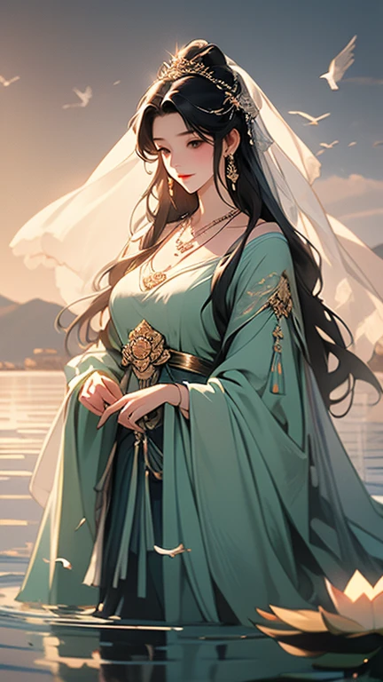 (masterpiece,Highest quality,,8k,High resolution),One female,,Compassionate Mother Kannon,Black Hair,,Wave,,On the water,,flower,bird,,moon,,jewelry,Holding,Long sleeve,Veil,necklace,Lotus,Long Hair,dress,(whole body),Highly detailed CG,