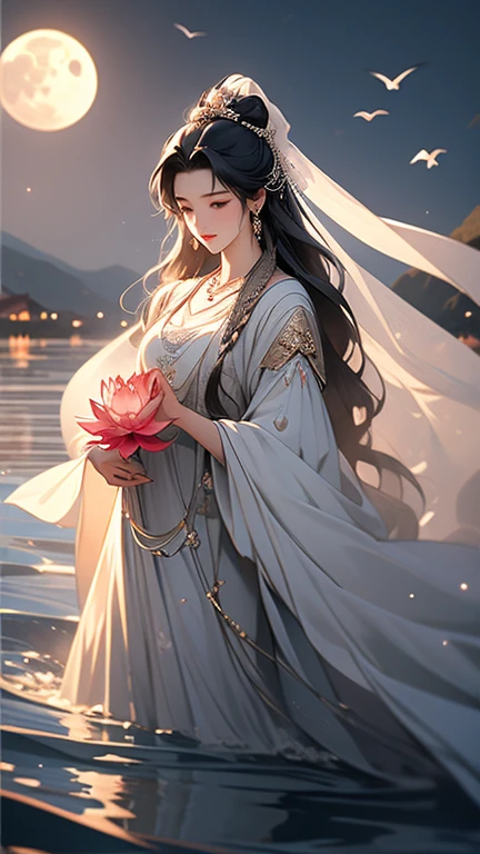 (masterpiece,Highest quality,,8k,High resolution),One female,,Compassionate Mother Kannon,Black Hair,,Wave,,On the water,,flower,bird,,moon,,jewelry,Holding,Long sleeve,Veil,necklace,Lotus,Long Hair,dress,(whole body),Highly detailed CG,