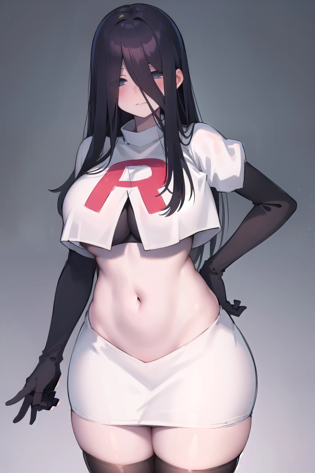 masterpiece, detailed, high quality, absurdres, sadako, (hair over eyes), pale skin, blush, large breasts, curvy, navel, stomach, groin, team rocket,team rocket uniform,white skirt,red letter R,crop top,black thigh-highs,black elbow gloves, cowboy shot,