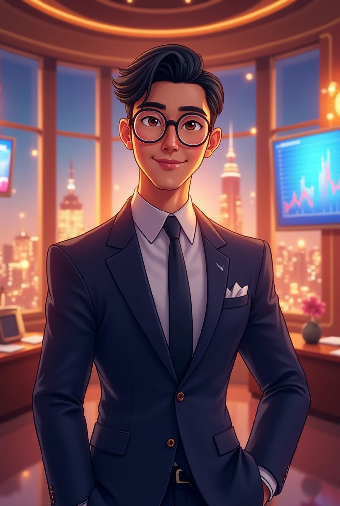 Disney character. Handsome asian man, strong built, dark  hair , hazel brown eyes, dressed in suit, wears glasses and is the ceo of an investment company 