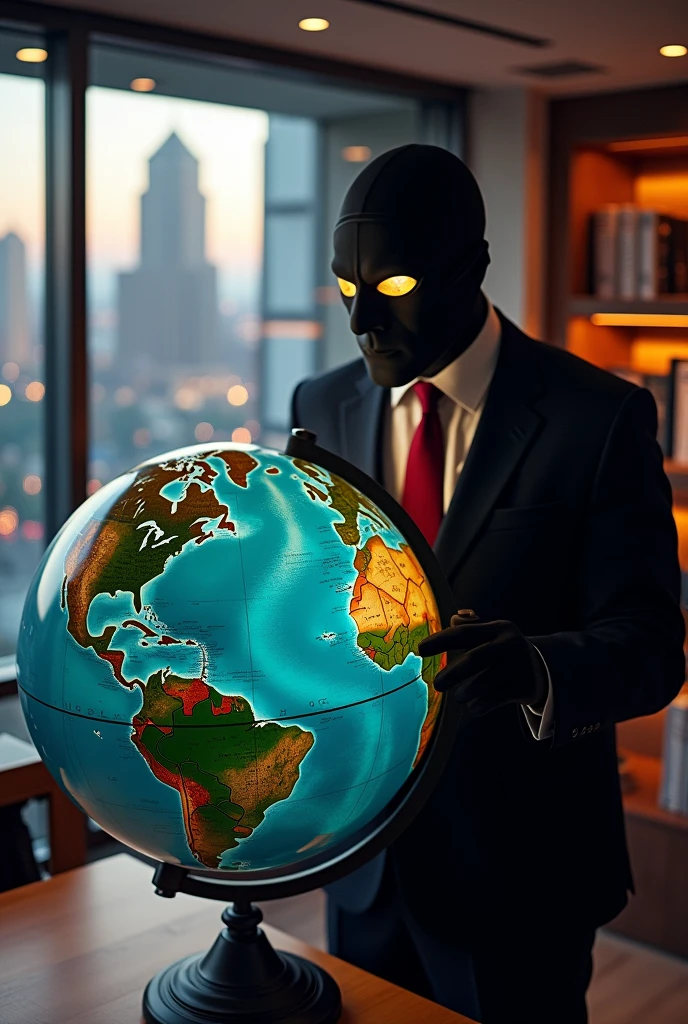 The Earth globe being observed by a masked person wearing a suit and tie