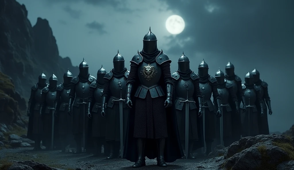 A highly realistic, high-contrast, 8K HD, detailed, hyper-detailed image of a group of knights, led by a lone knight in steel armor with a lion emblem on his chest, all facing the same direction under the cover of night. The knights stand united, their swords at the ready, as they prepare to face the challenges ahead. The dramatic landscape around them is illuminated only by the faint light of the moon and stars, with rugged terrain and ominous skies heightening the intensity of the scene. The atmosphere is tense yet filled with camaraderie and resolve, capturing the unity and unyielding spirit of the knights as they stand together in the darkness. The image is of the highest quality, with ultra-high resolution, RAW photo quality, and Unreal Engine rendering, showcasing the solidarity and strength of the knights as they face the night as one.