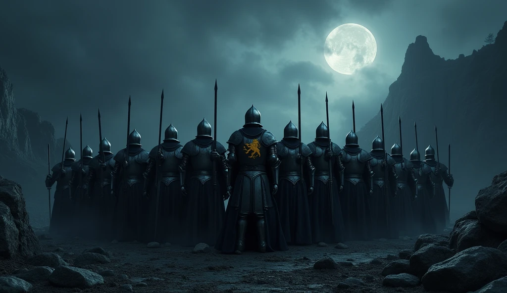 A highly realistic, high-contrast, 8K HD, detailed, hyper-detailed image of a group of knights, led by a lone knight in steel armor with a lion emblem on his chest, all facing the same direction under the cover of night. The knights stand united, their swords at the ready, as they prepare to face the challenges ahead. The dramatic landscape around them is illuminated only by the faint light of the moon and stars, with rugged terrain and ominous skies heightening the intensity of the scene. The atmosphere is tense yet filled with camaraderie and resolve, capturing the unity and unyielding spirit of the knights as they stand together in the darkness. The image is of the highest quality, with ultra-high resolution, RAW photo quality, and Unreal Engine rendering, showcasing the solidarity and strength of the knights as they face the night as one.
