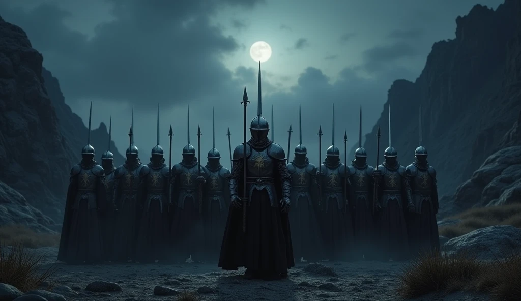 A highly realistic, high-contrast, 8K HD, detailed, hyper-detailed image of a group of knights, led by a lone knight in steel armor with a lion emblem on his chest, all facing the same direction under the cover of night. The knights stand united, their swords at the ready, as they prepare to face the challenges ahead. The dramatic landscape around them is illuminated only by the faint light of the moon and stars, with rugged terrain and ominous skies heightening the intensity of the scene. The atmosphere is tense yet filled with camaraderie and resolve, capturing the unity and unyielding spirit of the knights as they stand together in the darkness. The image is of the highest quality, with ultra-high resolution, RAW photo quality, and Unreal Engine rendering, showcasing the solidarity and strength of the knights as they face the night as one.