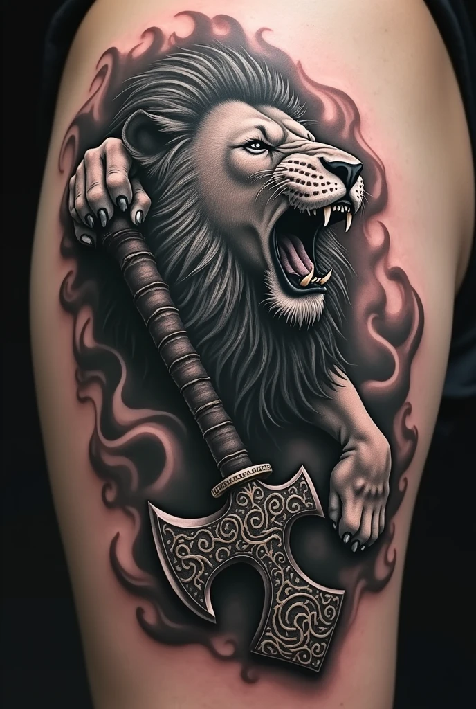 blackwork tattoo of a roaring lion emerging from the blade of an axe