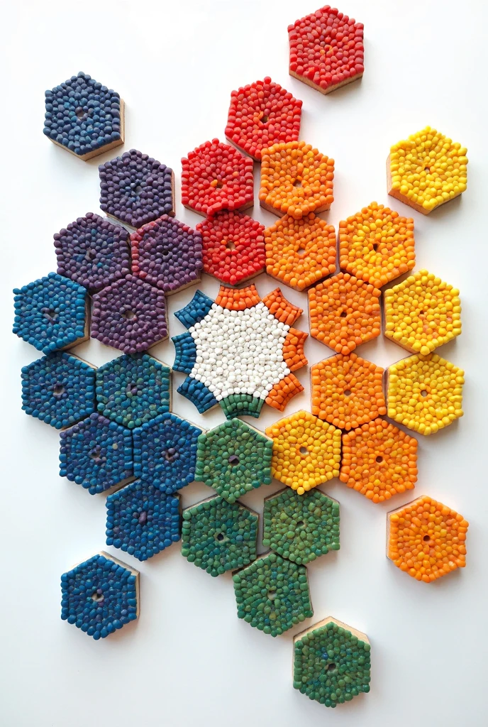 A flat mosaic of hexagons on a white background