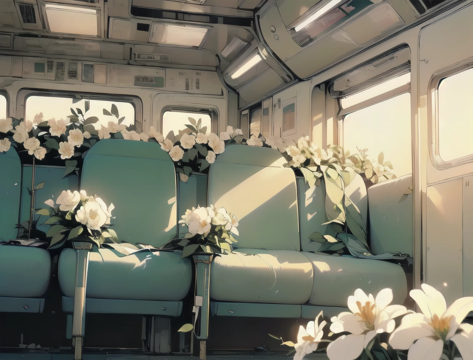 (((Masterpiece, top quality))), (((32K wallpaper))), ultra high resolution, gorgeous light leak, (((backlit))), highly detailed background, top quality, (((no humans))), Empty train, (((White flower))), (((( very dull color )))), ((((Detailed train seating))), (((Strong light shines in)))、(((白い布)))、(((ベール)))