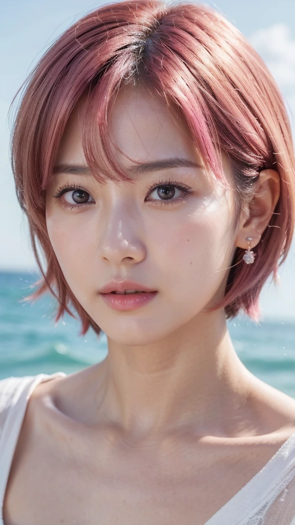 Model actress、One Woman、cool、Japanese and half European、Close-up of face、30 generation beauty、Realistic Skin、Seaside、4K images、bright pink hair、Short Hair