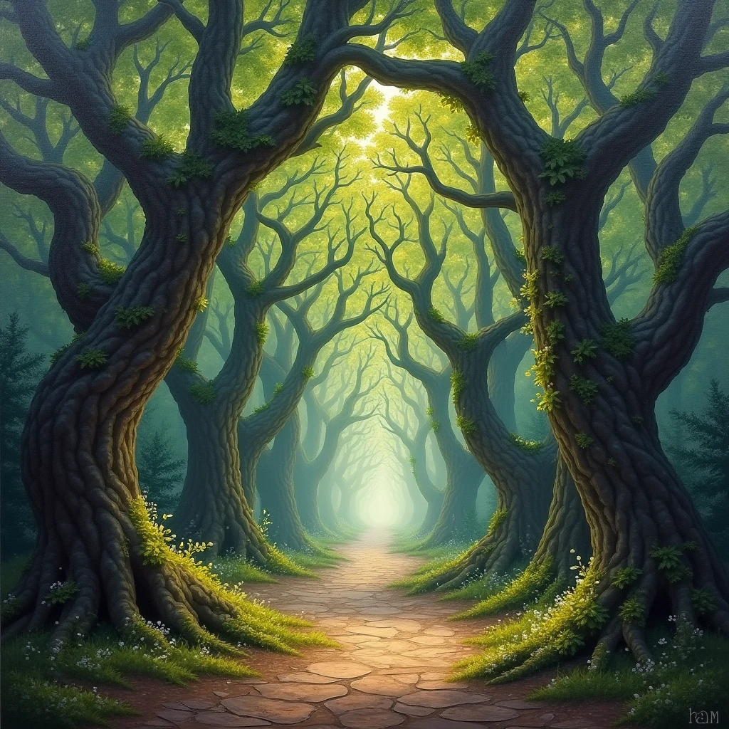 
(best quality, 8K, high resolution, masterpiece), ultra detailed, oil painting of a mystical forest path lined with ancient trees, their twisted branches forming a natural archway, with soft light filtering through the leaves.