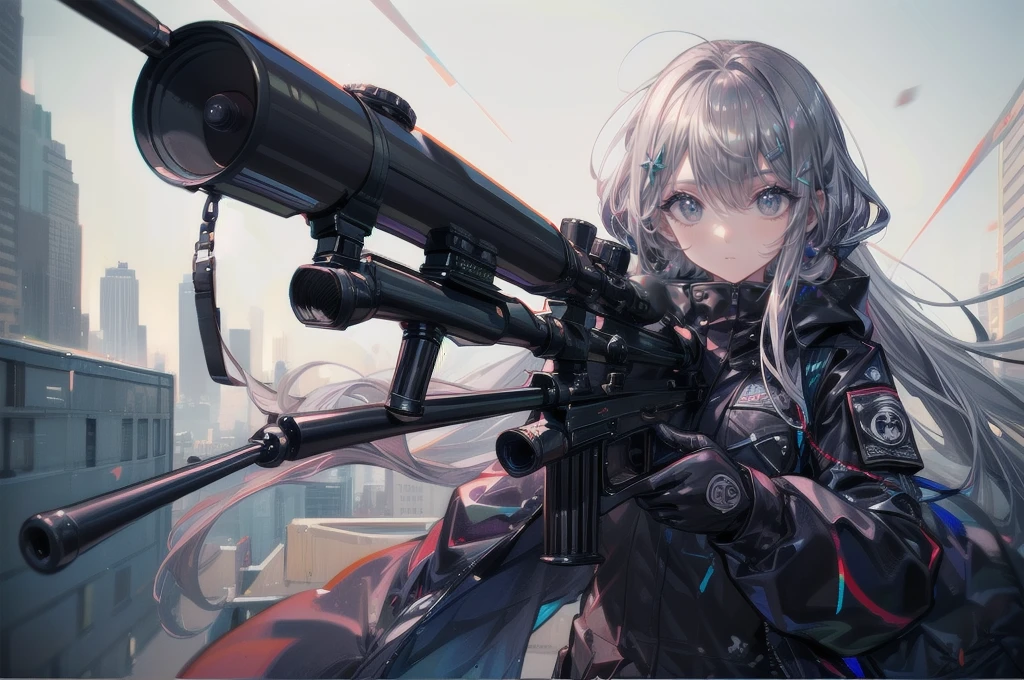 One Woman,Sniper兵,sniper rifle,Barrett M72,Playing a very long barrel, ((blue eyes,Gray Hair)) the woman is a survival game avatar,battle royale,Sniper,Close one eye,Target