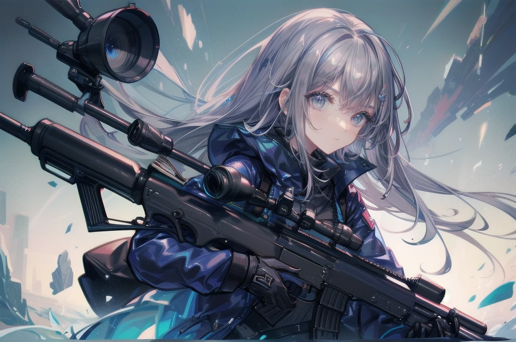 One Woman,Sniper兵,sniper rifle,Barrett M72,Playing a very long barrel, ((blue eyes,Gray Hair)) the woman is a survival game avatar,battle royale,Sniper,Close one eye,Target