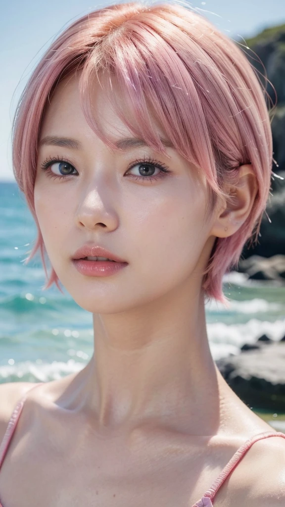 Model actress、One Woman、cool、Japanese and half European、Close-up of face、30 generation beauty、Realistic Skin、Seaside、4K images、bright pink hair、Short Hair
