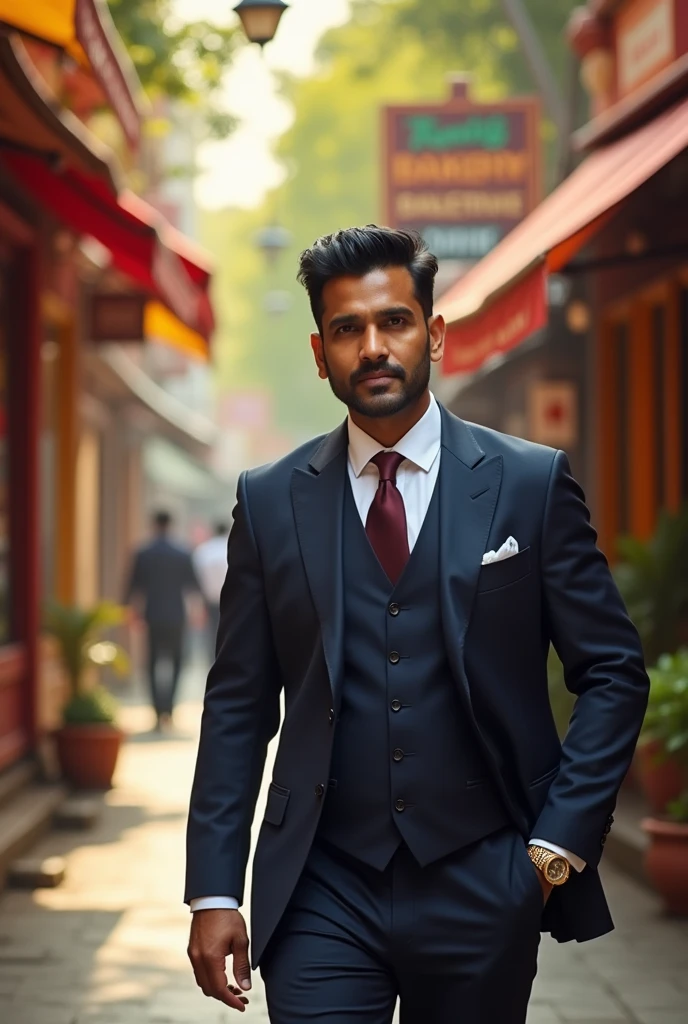 A very rich businessman of India who is going to a bakery wearing a 3 piece suit