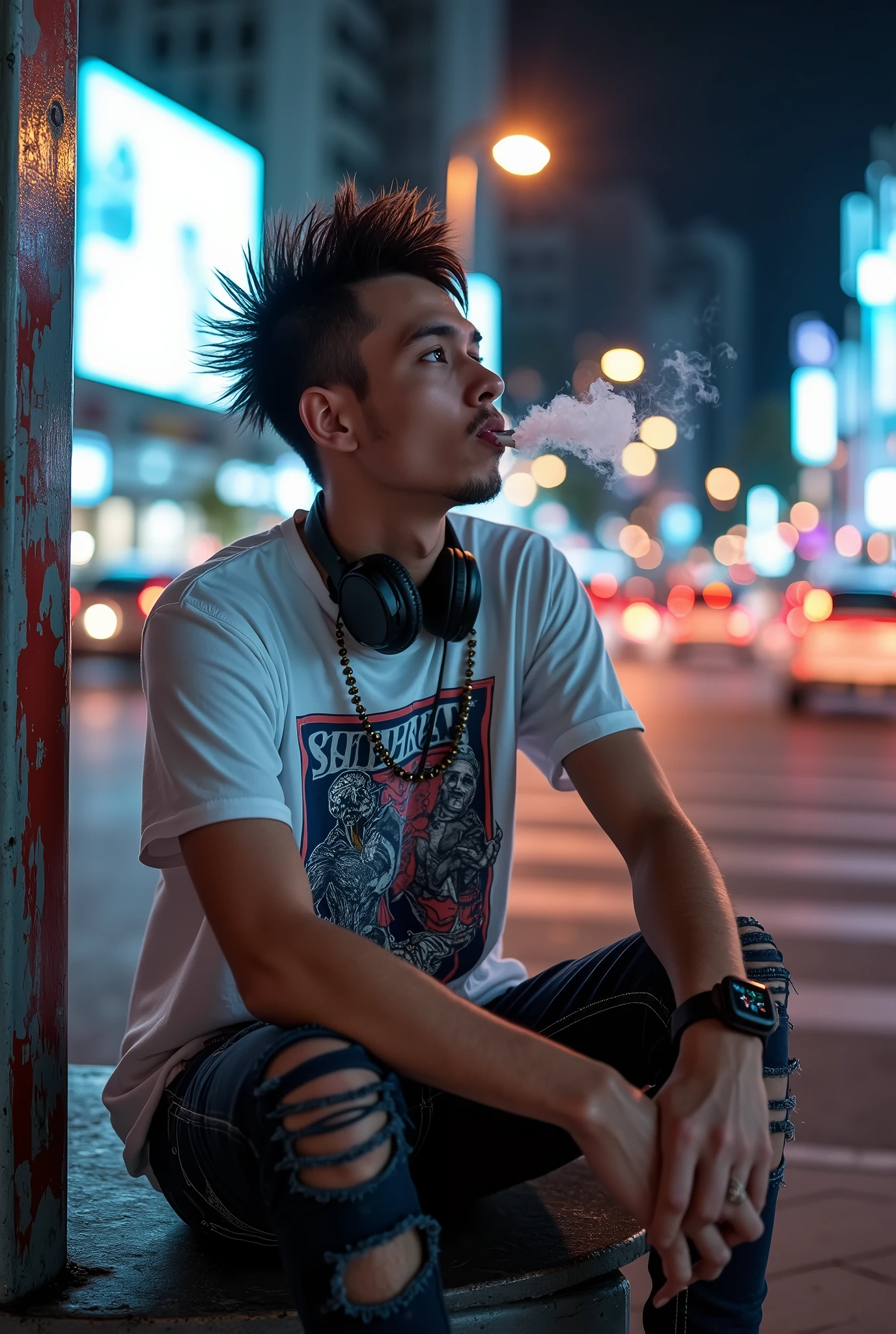 Young man as a rockers(sharp spikes hair) is smoking(blowing the smokes), wearing white printing t-shirts and tight scars jeans, sitting on the shelter near the traffic lights and marks, neon loghts headphones on his neck, wearing smartwatch, boots, lot of cars in the streets