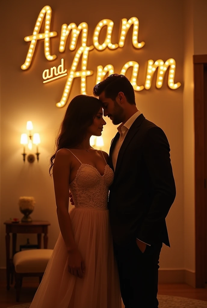 A couple standing together in a room, with the Woman wearing a Bra, stylish dress and the Man dressed to complement her, making them look like a matching couple. In the background, the names 'Aman' and 'Anam' are clearly and fully displayed in bold, elegant letters, seamlessly integrated into the room’s design, creating a cohesive and intimate 3D scene