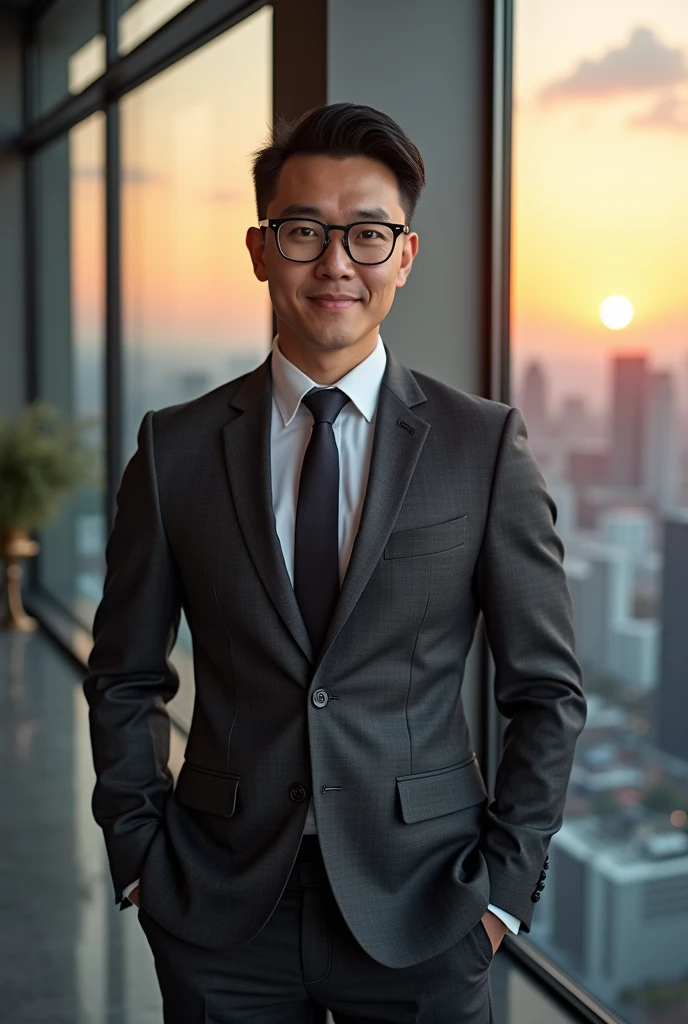 Handsome asian man, strong built, dark hair , hazel brown eyes, dressed in suit, wears glasses and is the ceo of an investment company