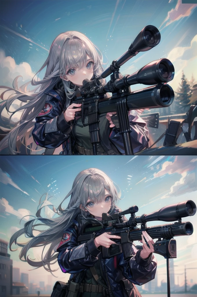 One Woman,Sniper兵,sniper rifle,Barrett M72,Playing a very long barrel, ((blue eyes,Gray Hair)) the woman is a survival game avatar,battle royale,Sniper,Close one eye,Target