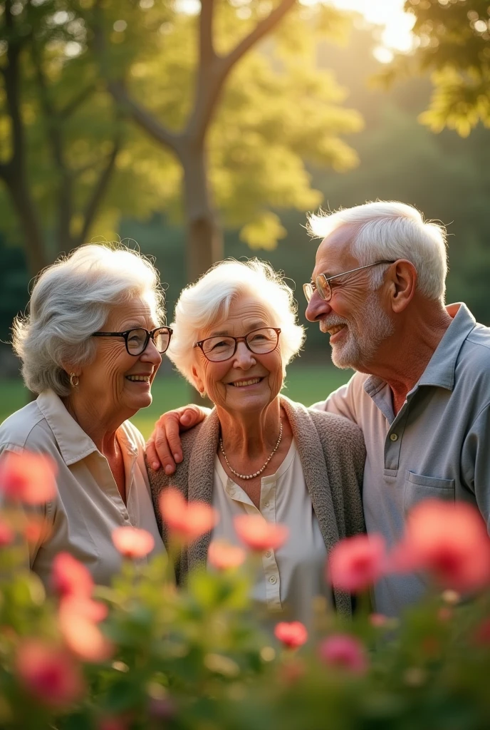 An elderly woman on the right with fair skin wearing glasses, next to her another elderly woman with tanned skin wearing glasses and to the right an elderly man with glasses and fair skin, looking ahead at everything and laughing beautifully and friendly