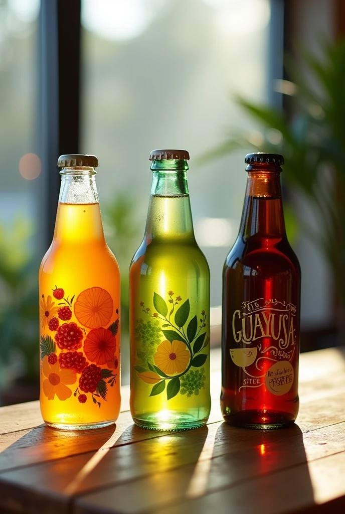 Drawing of kombucha, guayusa and coffee beverage bottles 