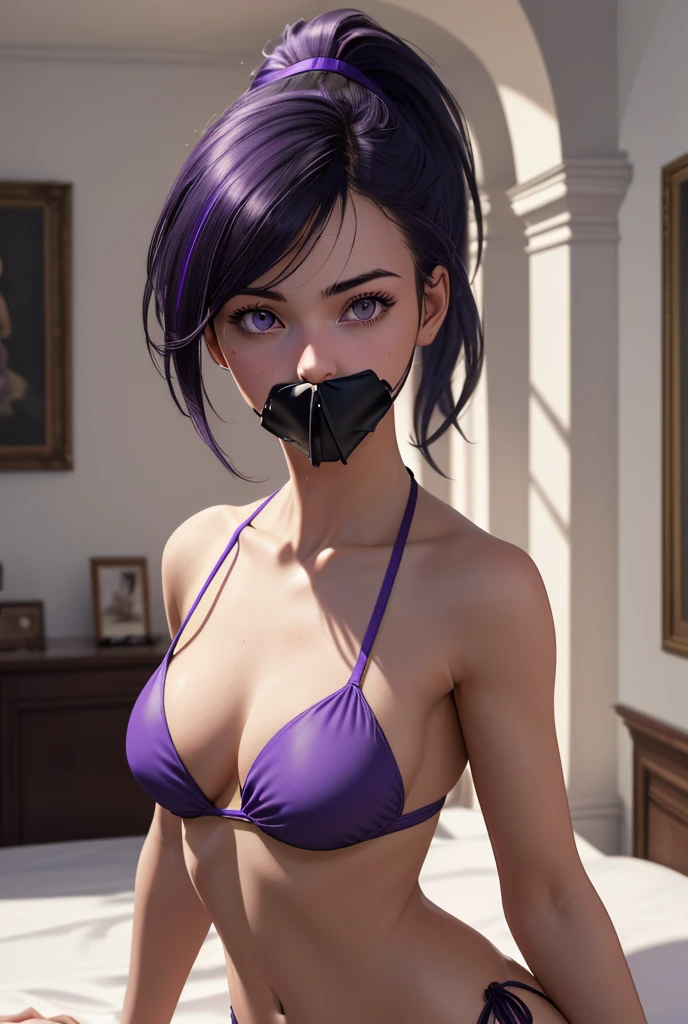 (photorealism:1.2),(fantastic) (high detailed body) beautiful gothic skinny irish girl in purple bikini in her castle bedroom. She have black/purple ponytail. She have a flat chest . She have a muzzle on her mouth.