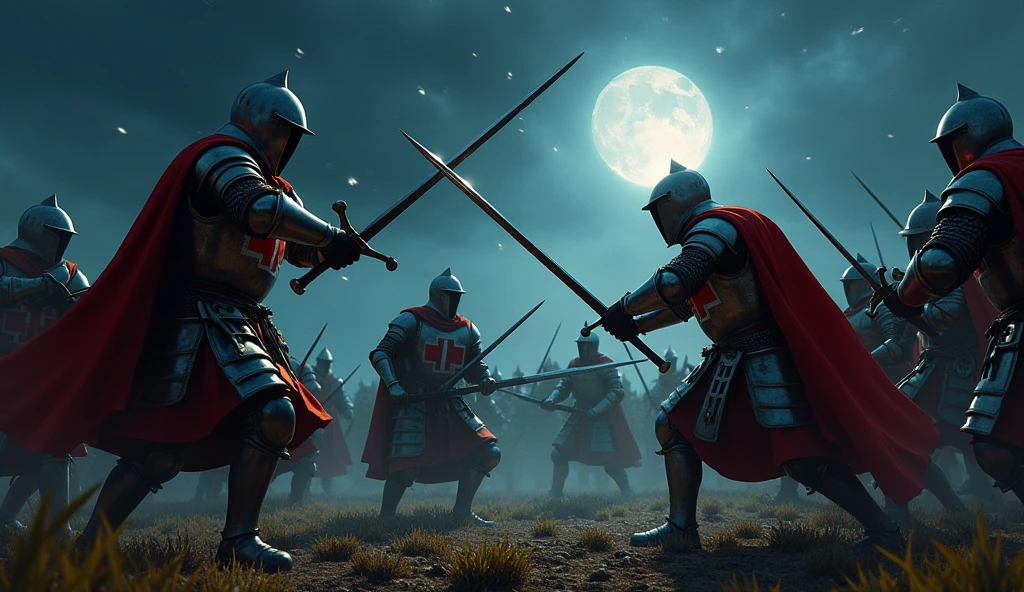 A highly realistic, high-contrast, 8K HD, detailed, hyper-detailed image of Crusader knights engaged in fierce combat on the battlefield at night, wielding their swords with skill and determination. The knights, clad in steel armor with red crosses painted on their chests, battle against their enemies under the cover of darkness. The moonlight and faint glimmers of starlight cast an eerie glow over the scene, reflecting off their armor as they clash in the midst of combat. The atmosphere is intense and filled with the tension of battle, capturing the raw power and courage of the Crusaders as they fight valiantly in the night. The image is of the highest quality, with ultra-high resolution, RAW photo quality, and Unreal Engine rendering, showcasing the heroic and relentless spirit of the Crusader knights as they battle under the night sky.
