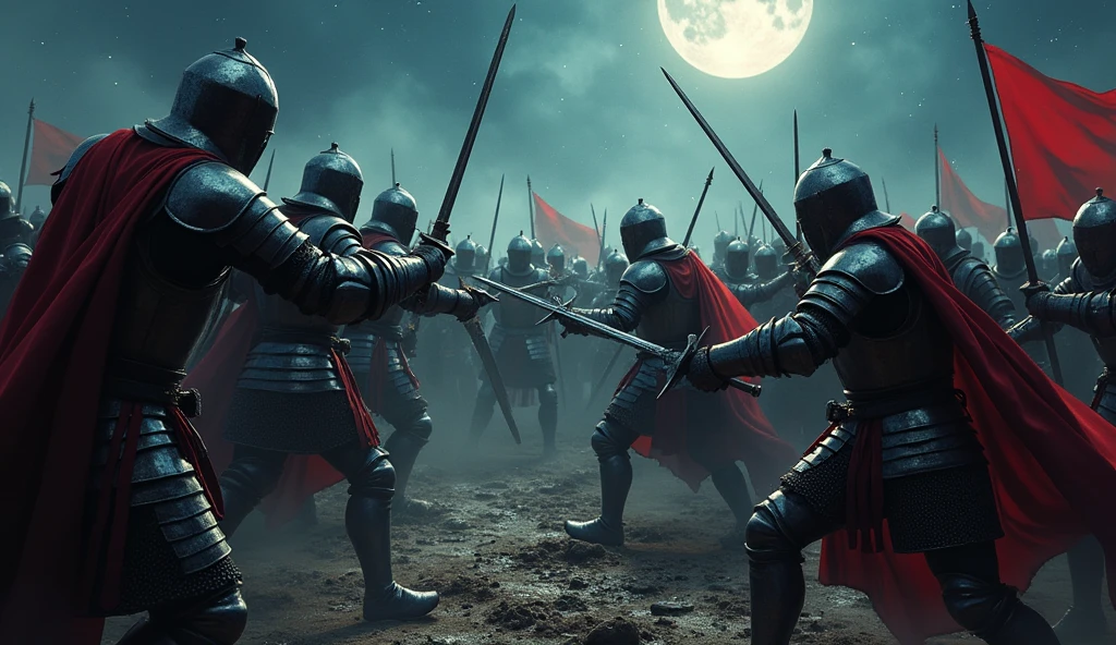 A highly realistic, high-contrast, 8K HD, detailed, hyper-detailed image of Crusader knights engaged in fierce combat on the battlefield at night, wielding their swords with skill and determination. The knights, clad in steel armor with red crosses painted on their chests, battle against their enemies under the cover of darkness. The moonlight and faint glimmers of starlight cast an eerie glow over the scene, reflecting off their armor as they clash in the midst of combat. The atmosphere is intense and filled with the tension of battle, capturing the raw power and courage of the Crusaders as they fight valiantly in the night. The image is of the highest quality, with ultra-high resolution, RAW photo quality, and Unreal Engine rendering, showcasing the heroic and relentless spirit of the Crusader knights as they battle under the night sky.