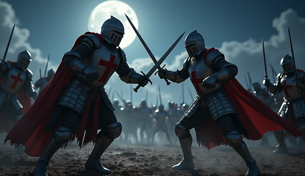 A highly realistic, high-contrast, 8K HD, detailed, hyper-detailed image of Crusader knights engaged in fierce combat on the battlefield at night, wielding their swords with skill and determination. The knights, clad in steel armor with red crosses painted on their chests, battle against their enemies under the cover of darkness. The moonlight and faint glimmers of starlight cast an eerie glow over the scene, reflecting off their armor as they clash in the midst of combat. The atmosphere is intense and filled with the tension of battle, capturing the raw power and courage of the Crusaders as they fight valiantly in the night. The image is of the highest quality, with ultra-high resolution, RAW photo quality, and Unreal Engine rendering, showcasing the heroic and relentless spirit of the Crusader knights as they battle under the night sky.