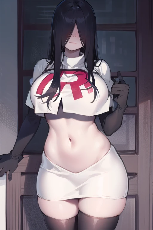 masterpiece, detailed, high quality, absurdres, sadako, (hair over eyes), pale skin, blush, large breasts, curvy, navel, stomach, groin, team rocket,team rocket uniform,white skirt,red letter R,crop top,black thigh-highs,black elbow gloves, cowboy shot,