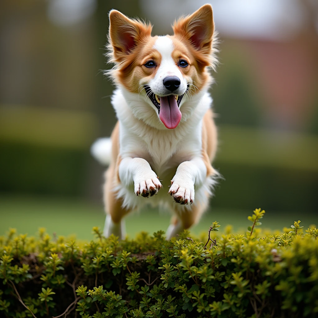 Dog jumping over a hedge 