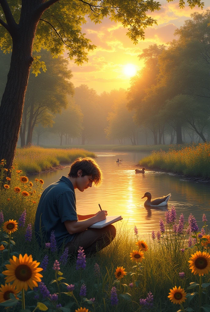 A painting with a park, ducks water stream and sunflowers a 22 year old man 5 without face a little muscular with good straight hair sitting and writing poetry Sunset and lavenders