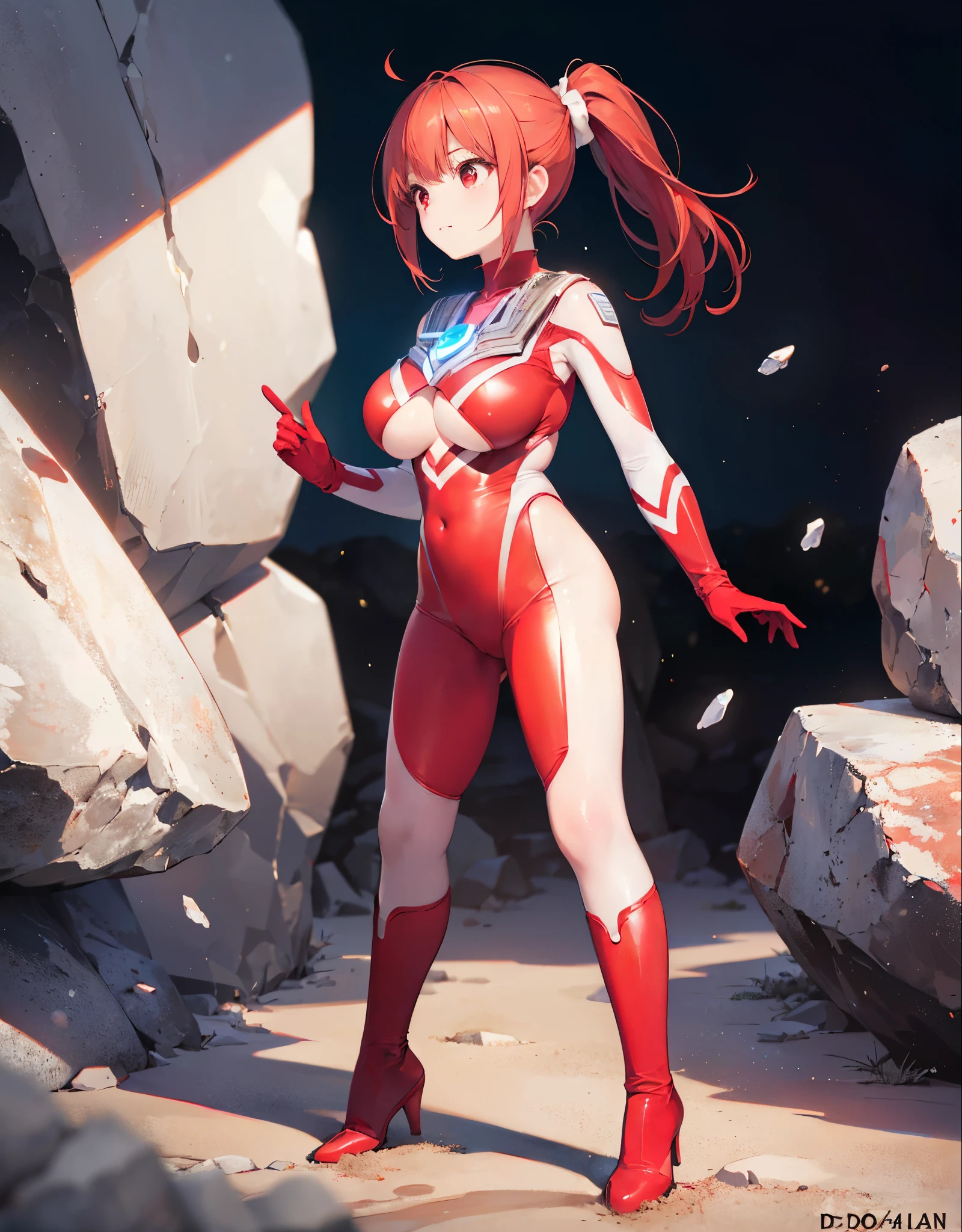 (Close-up:1.2),Realistic,Highest quality, Ultra Detail, High-quality CG rendering, The most delicate and beautiful, Floating softly, High resolution, (1 giant girl), (Highest quality,4K,8k,masterpiece:1.2),(All red hair:1.5), (ponytail:1.5),(Red eyes:1.5), (Ultra Girl:1.0), (All red Ultraman bodysuit:1.4),(Do not expose your skin:1.6),(Slightly larger breasts:1.5),(Red gloves:1.3),(Red Shoes:1.3),(whole body:1.3),(Are standing:1.3),(Plain surrounded by rocks:1.3),(Brown sandy ground:1.3),(Clenched Fist:1.3),(Fighting Pose:1.3),(sweating:1.3),(Wounded:1.3),(Brown mud stains:1.3),(front:1.4)