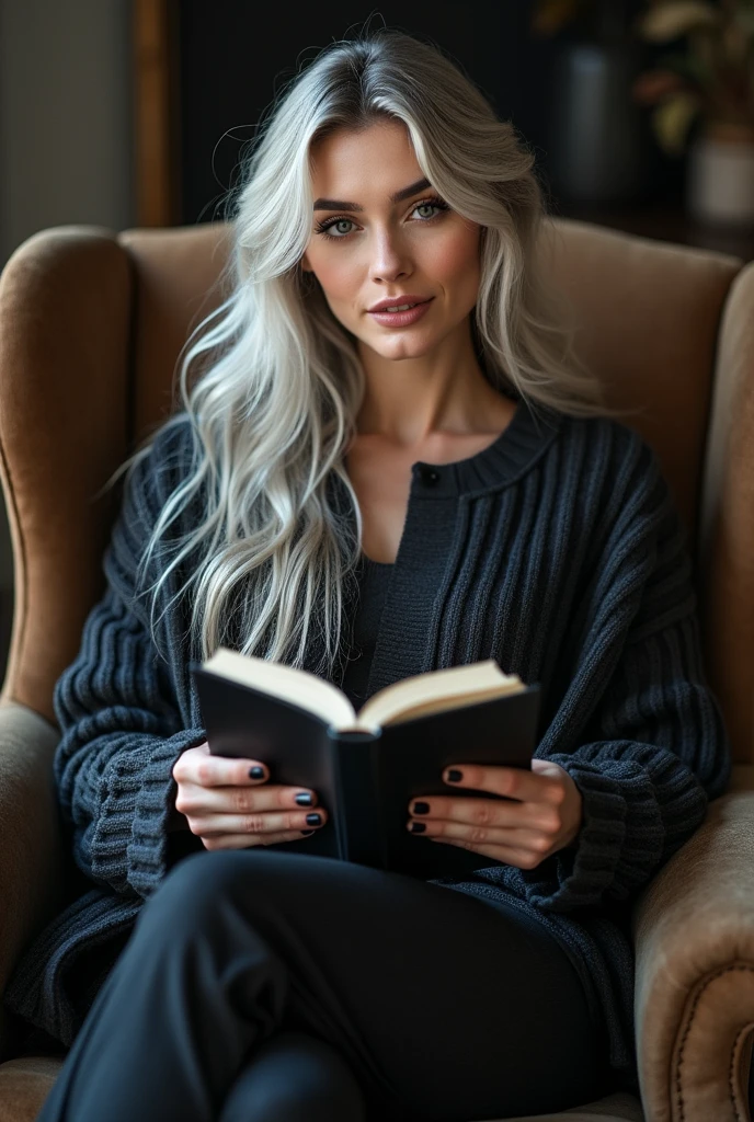 Beautiful girl with white skin, light gray hair below the shoulders, with bright shining eyes, Shiny skin, Beautiful черный маникюр, Beautiful nails, pearl skin, in a dark gray bulky cardigan, Beautiful detailed fingers, professional photo, 4K, a high resolution, high detail, aesthetically pleasing, Beautiful, realistic, sitting in a chair, looks straight, beautiful long nails, holding a black book against a dark living room background.