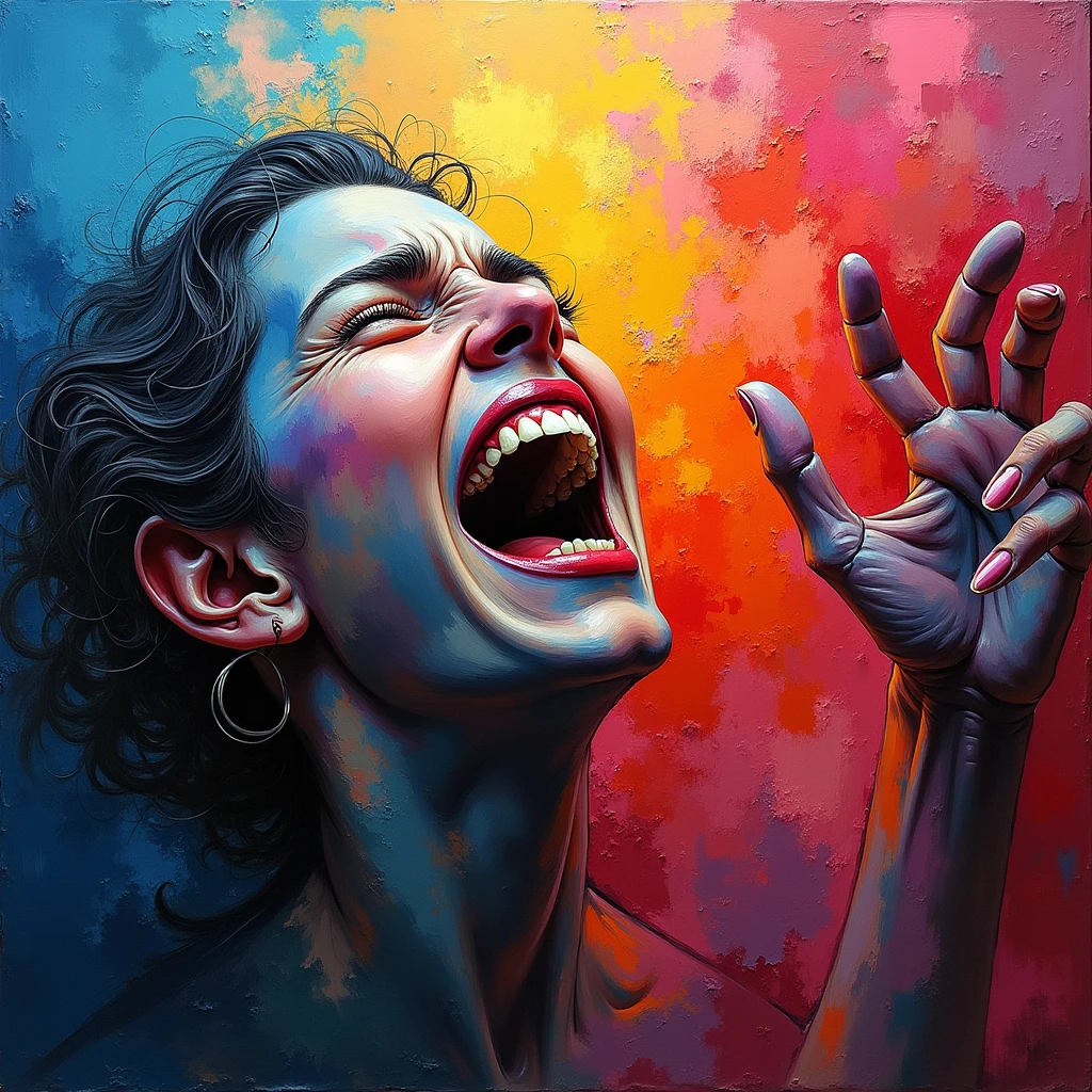 (best quality, 8K, high resolution, masterpiece), ultra detailed, oil painting with vibrant colors and bold brushstrokes, capturing the raw emotions of joy, sorrow, and anger in a dynamic abstract composition.