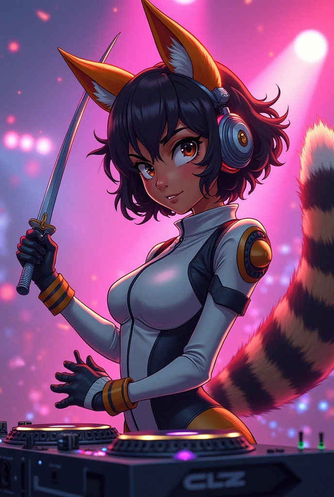 You are going to make the anime-style cartoon of a robust woman., dark-skinned, medium brown wavy hair, dark brown eyes, Your attire is a Jaeger pilot suit., with orange fox ears, gray fluffy Lemur tail on a DJ console with headphones and holding a fencing sword in her hands and looks very angry 